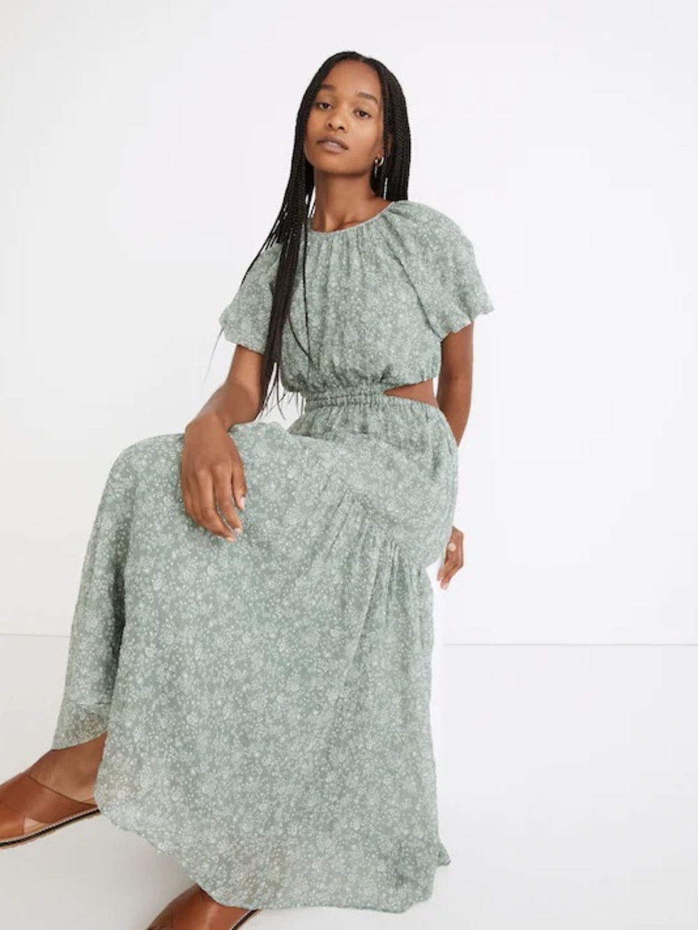 NWT Madewell Seersucker Puff Sleeve Cutout Midi Dress Piazza Floral Sage S
